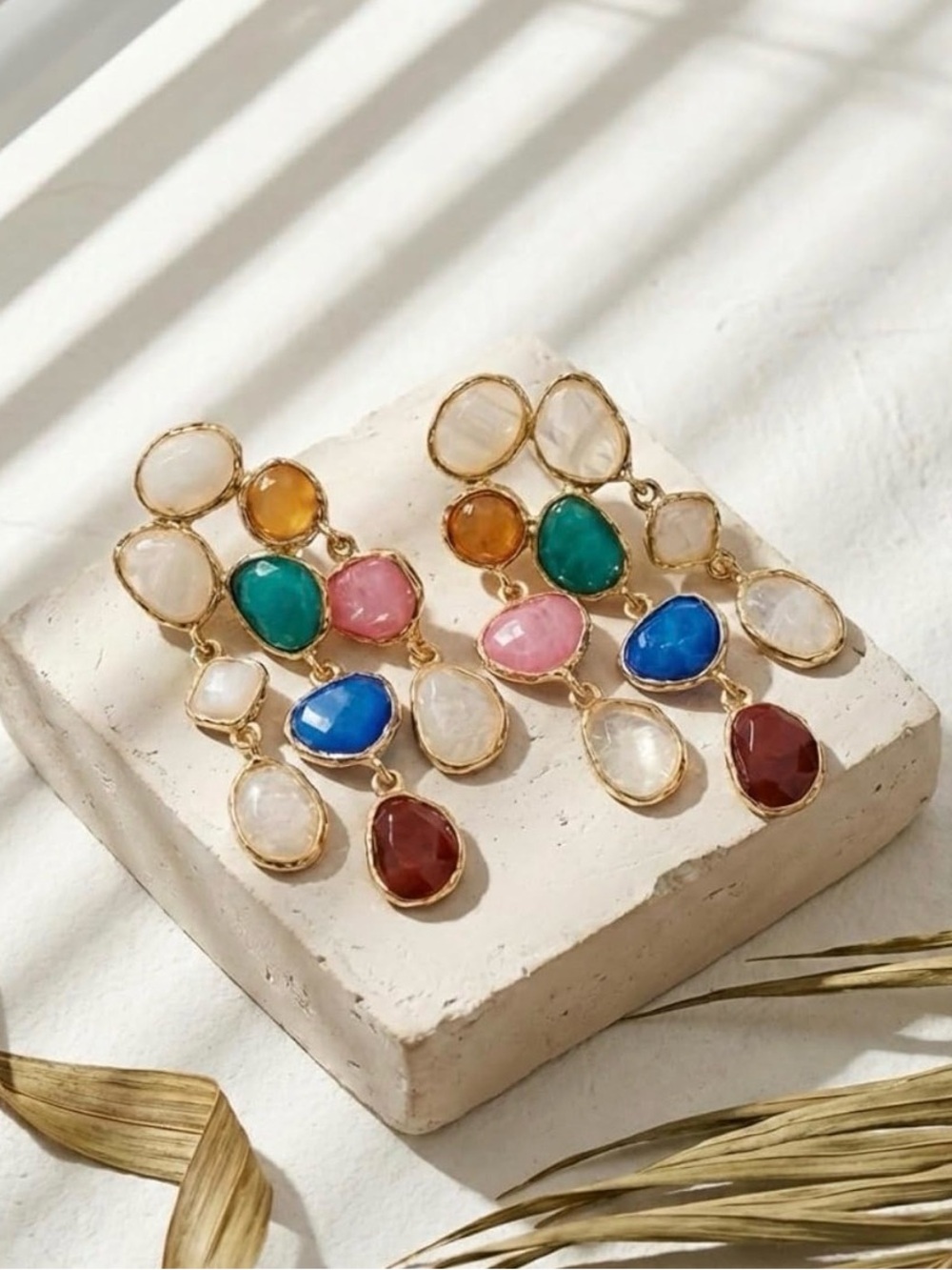 Multicolor Gemstone Drop Earrings - Gold Tone - Picture 7 of 8